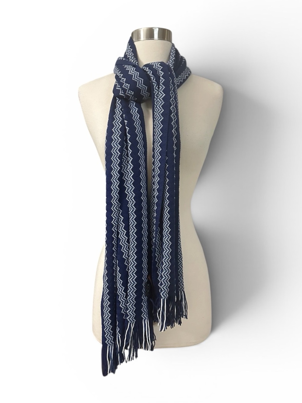 New Missoni Navy Blue and White Chevron Knit Fringe Scarf Wool Blend